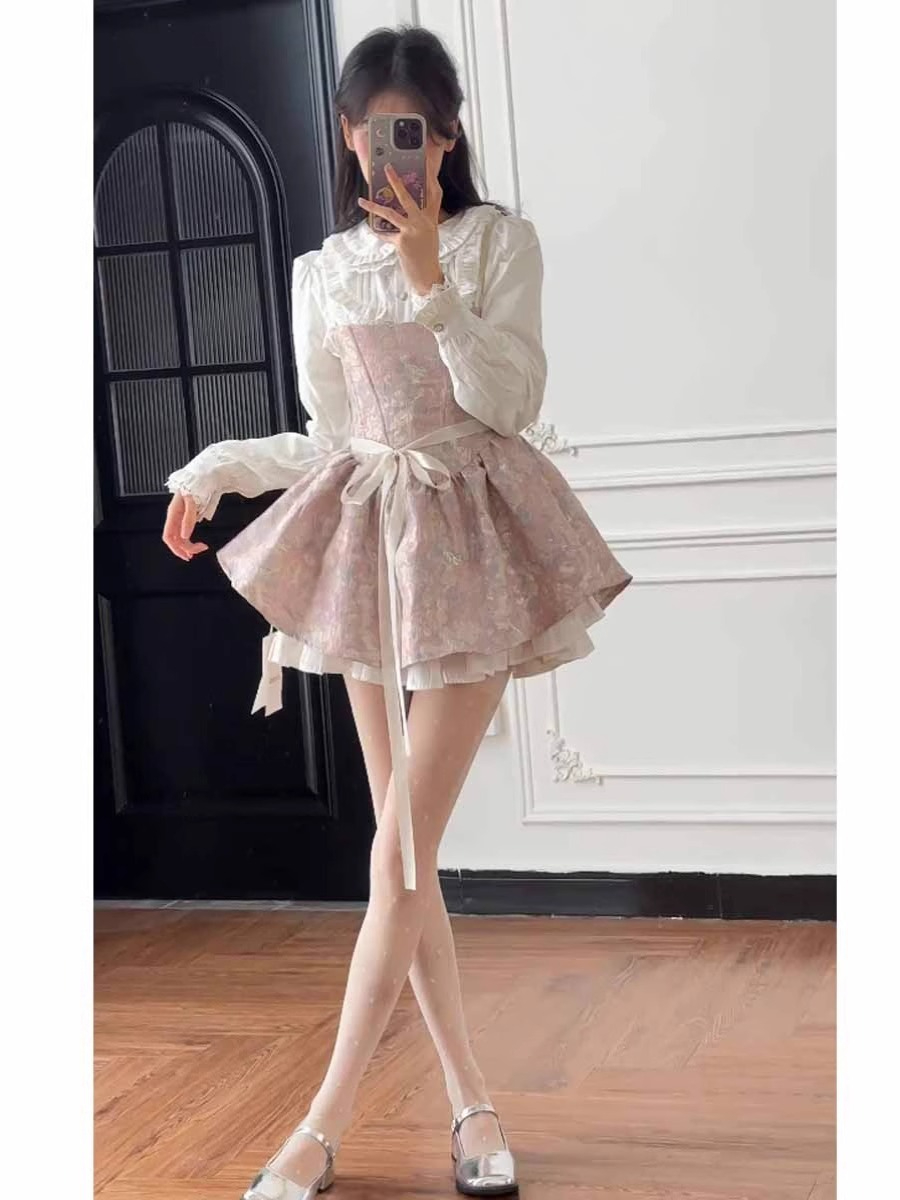 春秋新款純欲辣妹吊帶連衣裙蓬蓬公主裙收腰裙子襯衫上衣兩件套