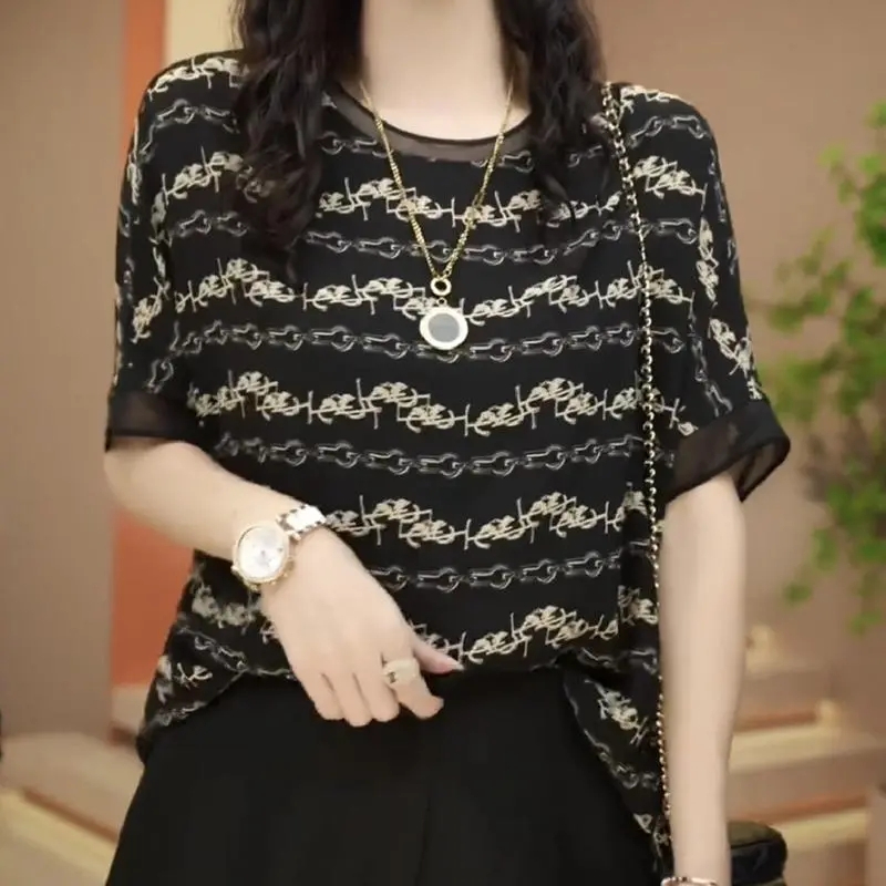 真絲短袖T恤女寬鬆夏季外穿小衫媽媽遮肉顯瘦桑蠶絲減齡印花上衣