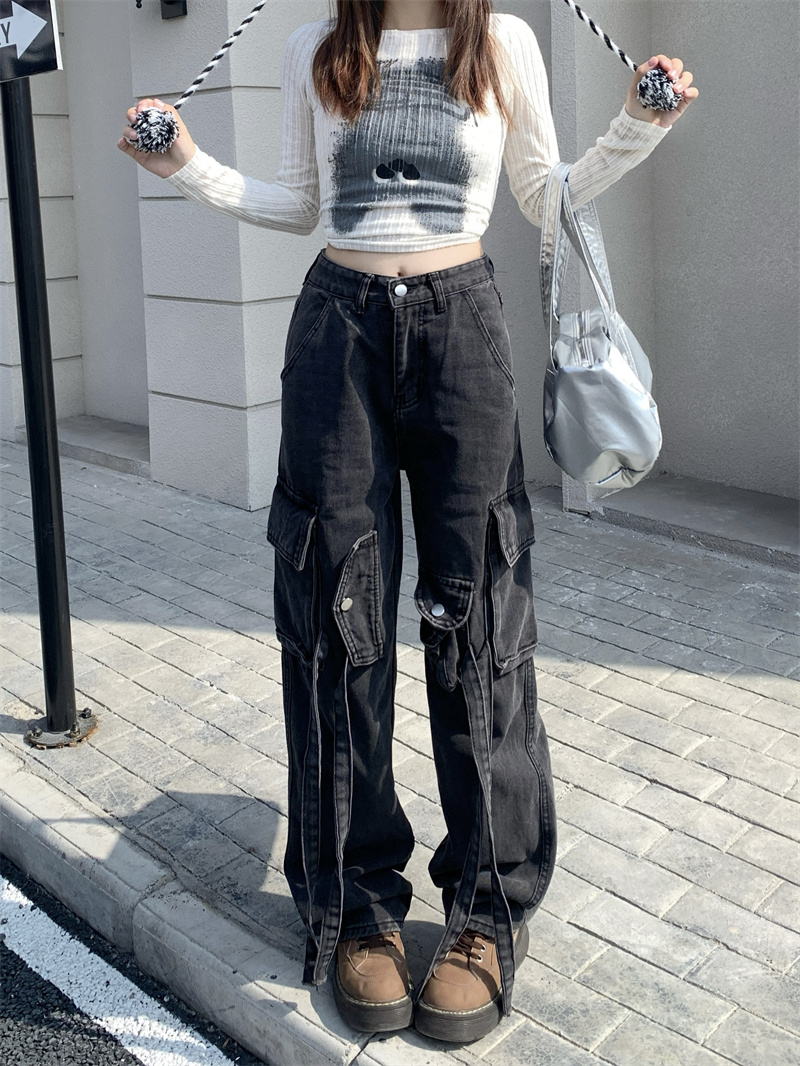 實拍~黑色直筒水洗做舊高腰牛仔褲女氣質歐美高街工裝褲
