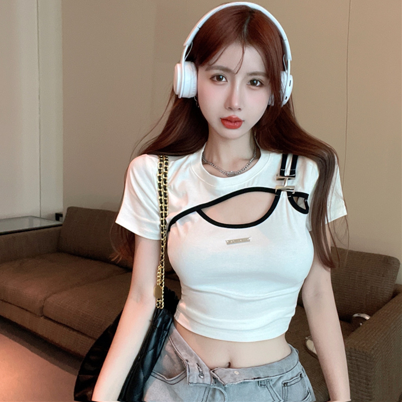 美式復古辣妹遮肚子顯瘦短款上衣設計感金屬扣假兩件短袖T恤女