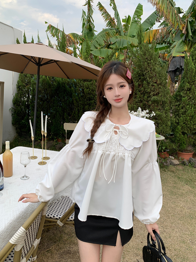 韓版復古甜美少女寬鬆系帶娃娃領襯衫2024春季新款內搭外穿上衣服