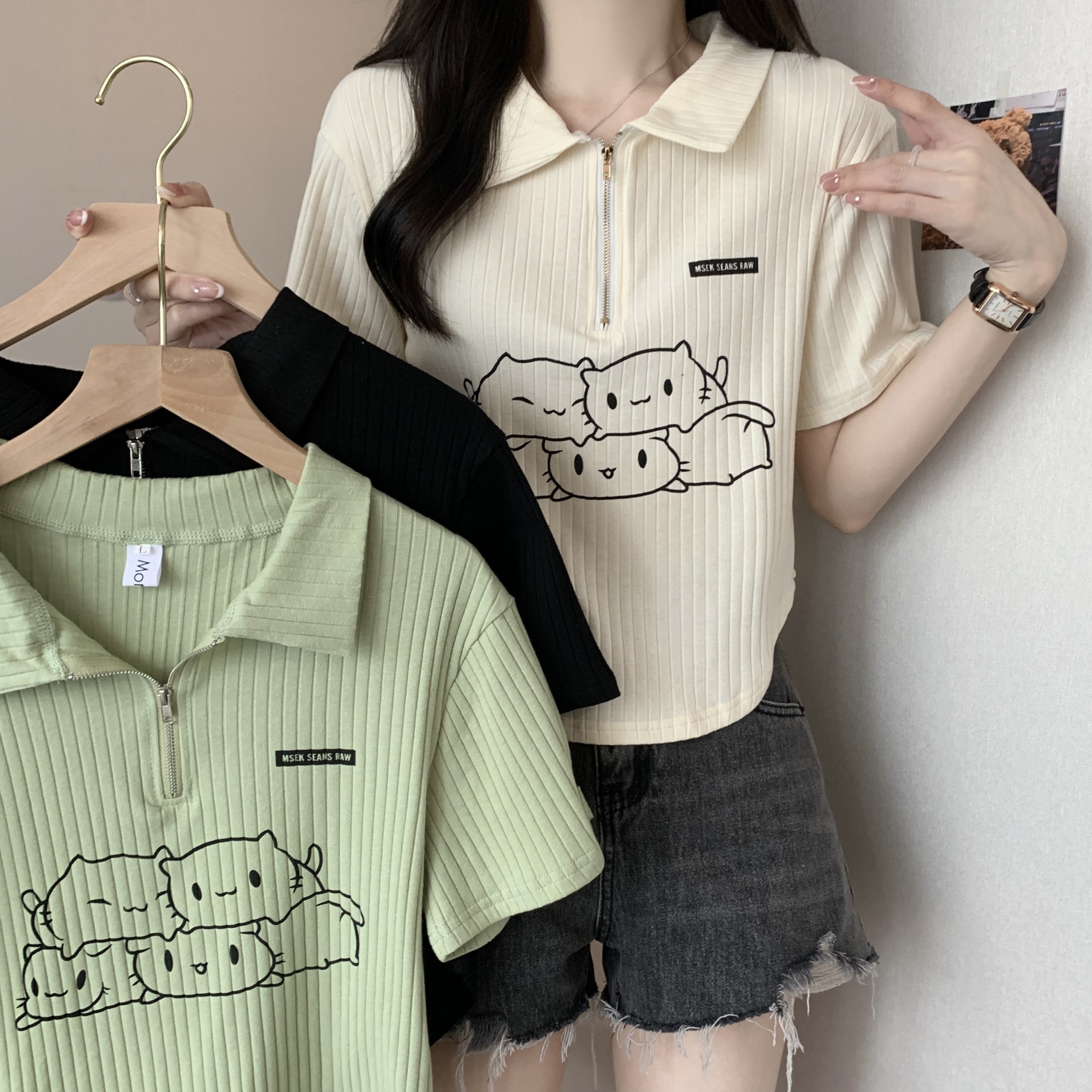 大碼polo衫微胖正肩t恤女夏季胖mm設計感短款遮肚顯瘦上衣