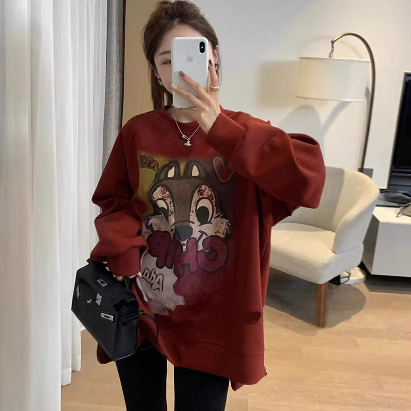 原版做工歐貨卡通小栗鼠字母彩繪寬鬆百搭顯瘦衛衣女時尚休閒