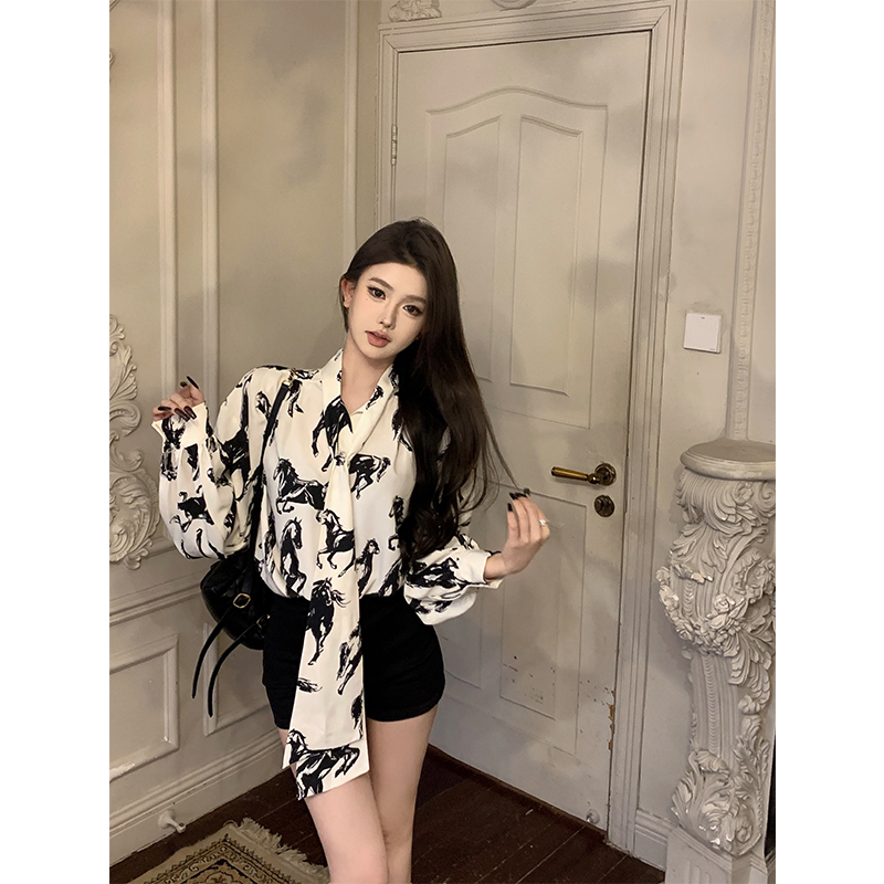實拍 印花黑白撞色氛圍感飄帶襯衫女春寬鬆舒適長袖上衣