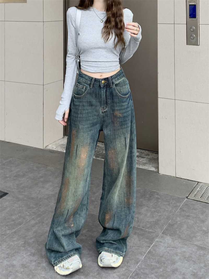 實拍 春季新款高腰寬鬆闊腿辣妹直筒長牛仔褲女