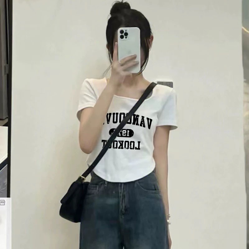 純棉方領正肩不規則短袖t恤女夏季設計感小眾甜辣妹顯瘦短款上衣
