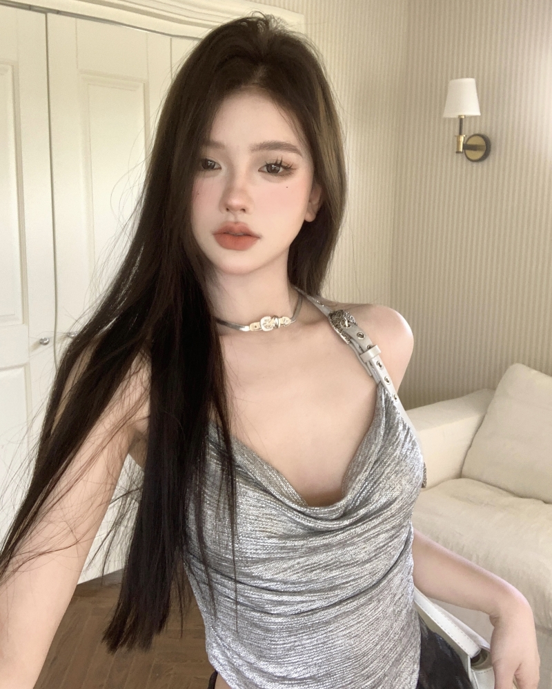 實拍 法式甜辣風不規則短款掛脖無袖小眾別致吊帶背心