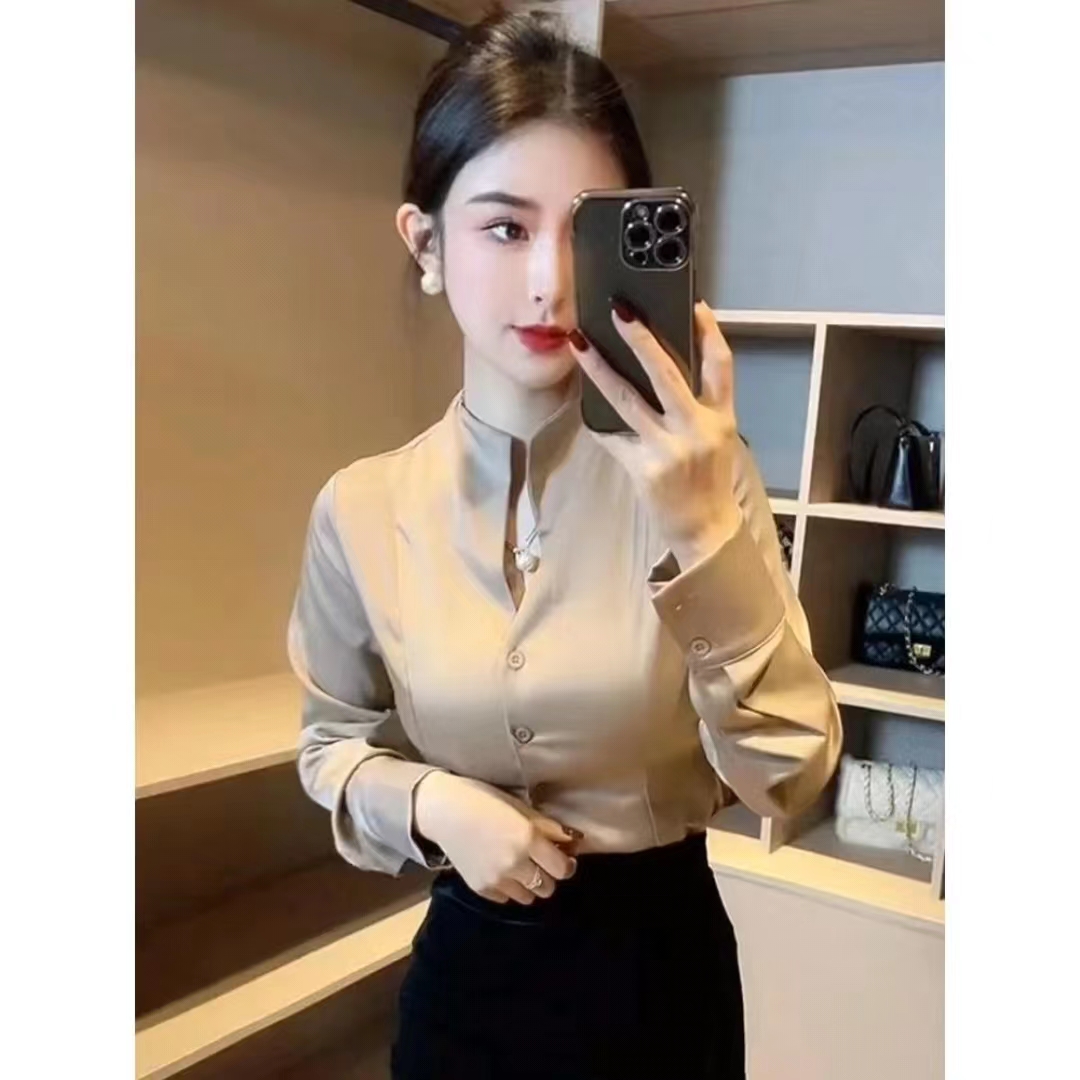 歐貨立領純色長袖襯衫女2024春季新款百搭顯瘦修身上衣今年流行潮