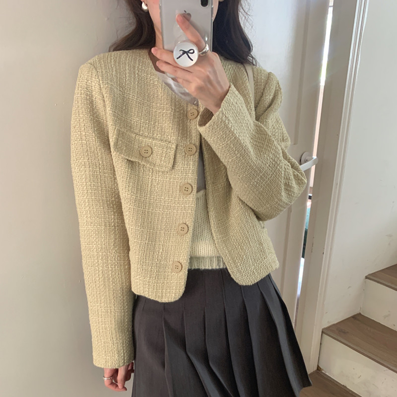 Actual shot of elegant daughter~retro style round neck short single-breasted jacket tweed suit top