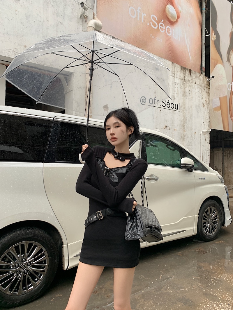 實拍 韓版修身顯瘦中長款設計感機車甜辣長袖包臀打底連衣裙