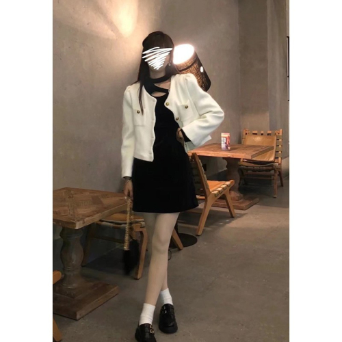 French Hepburn style dress for women, autumn high-end 2023 new black slimming coat with bottoming skirt