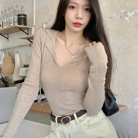 已出貨 小眾修身內搭長袖針織衫女裝設計感翻領顯瘦百搭上衣