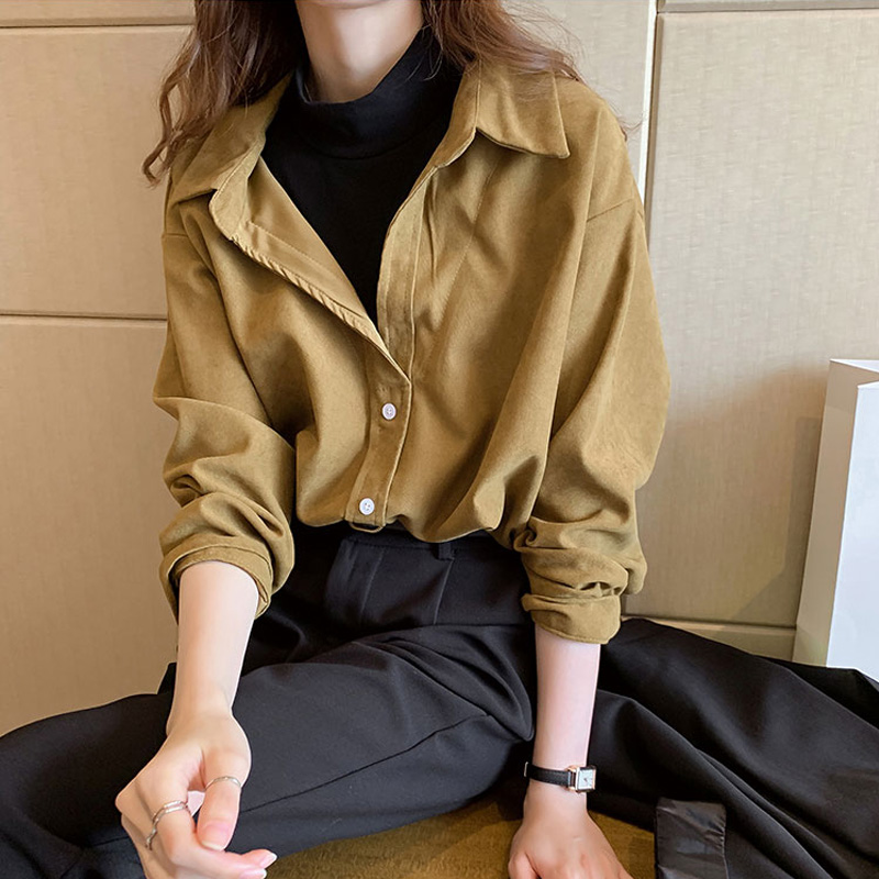 假兩件襯衫女春秋新款港味復古設計感小眾上衣疊穿燈芯絨打底襯衣