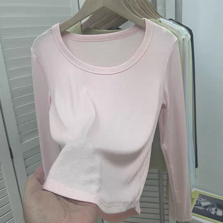 歐貨U領長袖t恤女春秋新款修身顯瘦內搭打底衫洋氣百搭低領上衣
