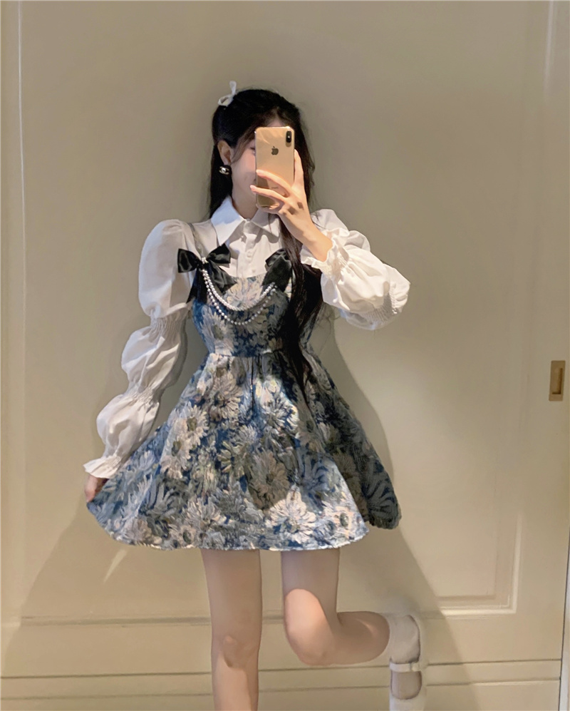 實拍~春季甜美兩件套2024設計感吊帶蓬蓬裙裝貓咪連衣裙襯衫