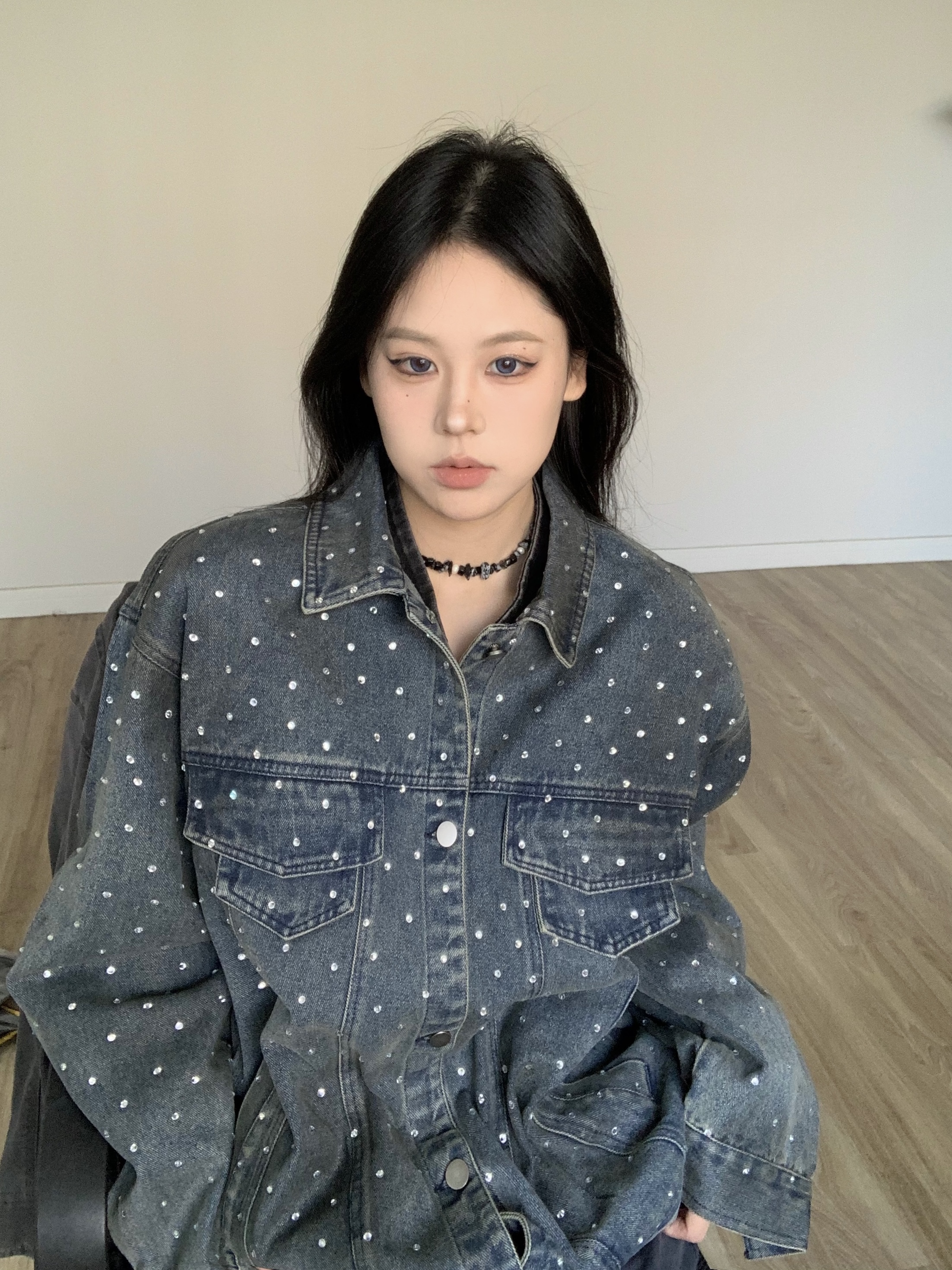 預 2024美式復古波點印花做舊水洗滿鑽牛仔外套男女寬鬆休閒夾克