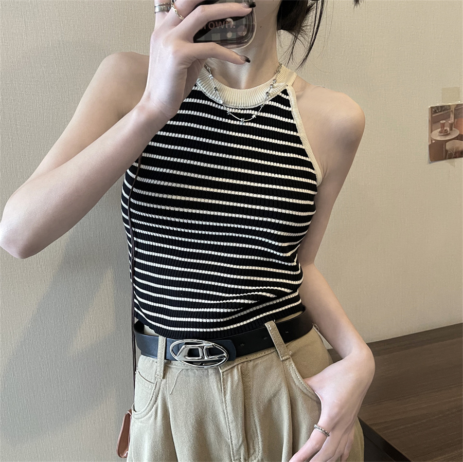 實拍夏韓版條紋掛脖針織背心女高腰無袖露肩吊帶短款上衣