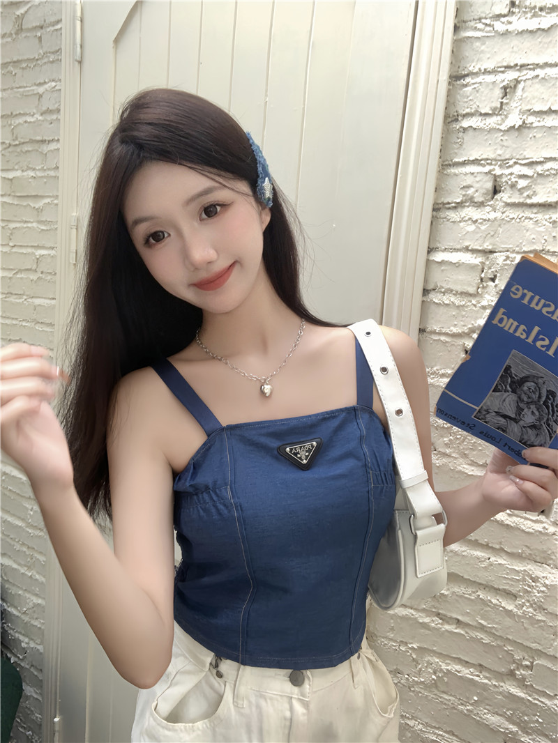 實拍~辣妹牛仔吊帶背心蕾絲拼接夏季外穿無袖打底上衣女