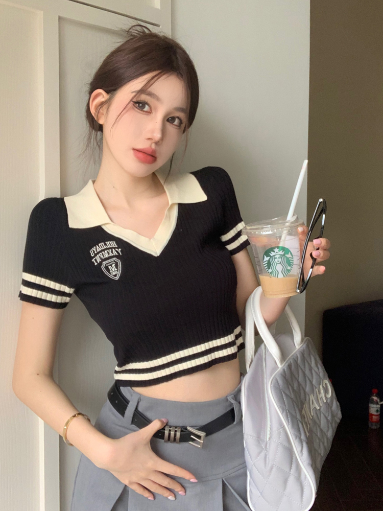 已出貨 美式辣妹v領短袖正肩女t恤夏季露臍修身短款polo領針織衫
