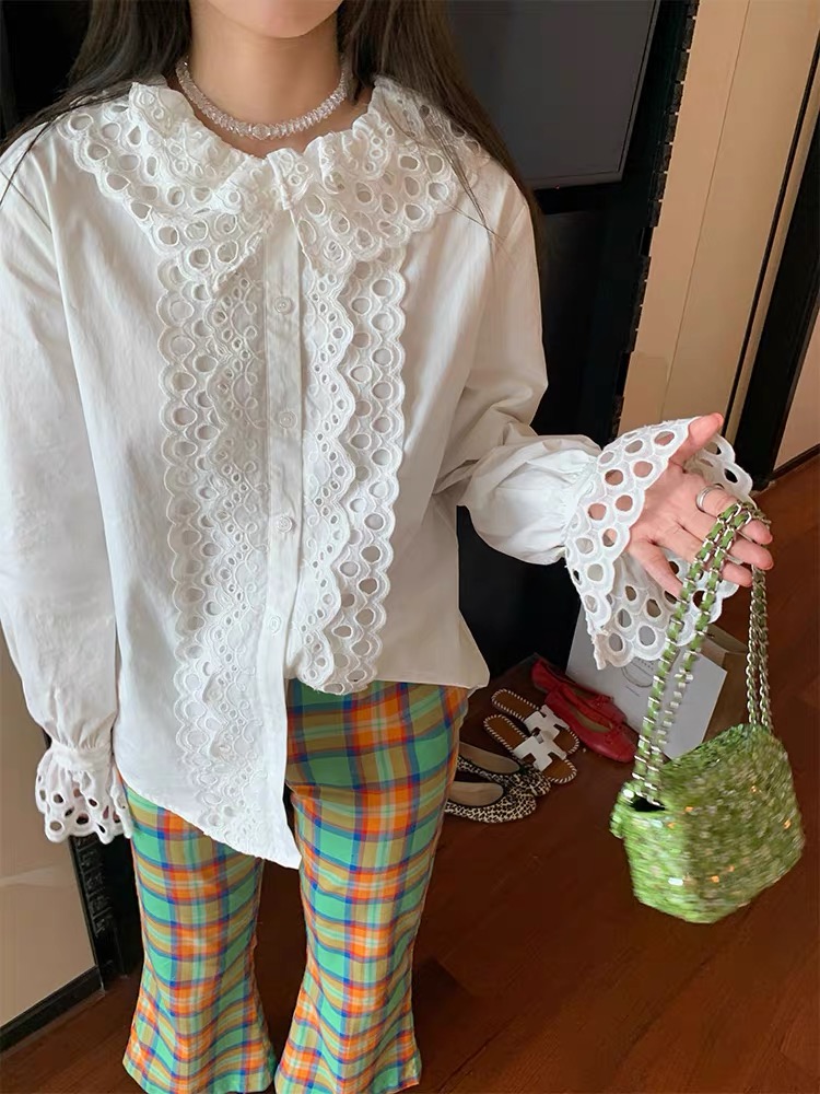 落落狷介 秋季2024新款女裝白色長袖襯衫設計感法式蕾絲拼接上衣