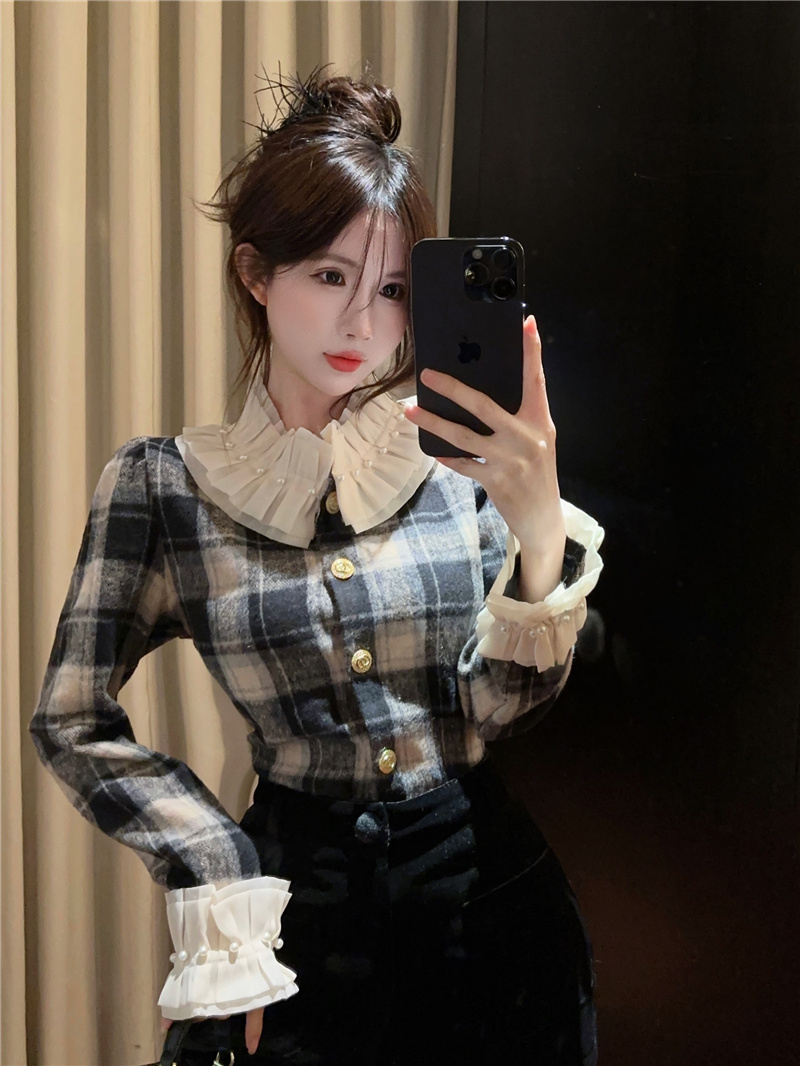 富家千金復古格子襯衫娃娃領甜美長袖法式小眾短款外套女秋冬上衣
