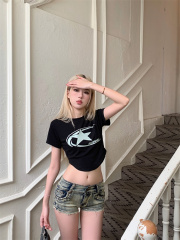 Photographed Hong Kong-style Korean-style casual crew neck printed short-sleeved T-shirt