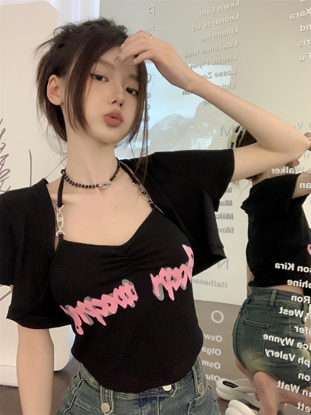 螺紋設計感掛脖字母印花吊帶背心女新款修身開衫辣妹風上衣兩件套