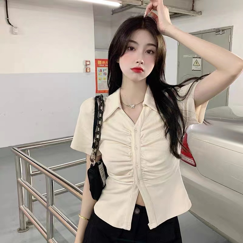polo領正肩短袖t恤女夏季設計感小眾收腰辣妹別致不規則短款上衣