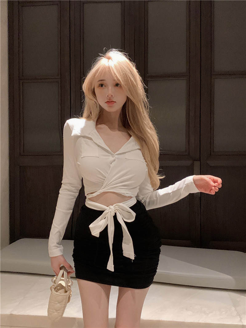 實拍~純欲辣妹翻領設計感綁帶性感顯瘦長袖襯衫+包臀裙套裝
