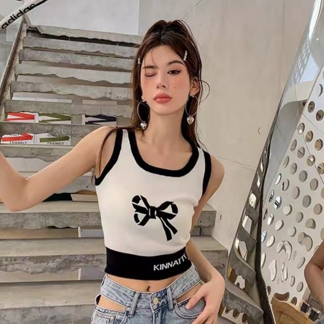 時尚簡約純欲個性百搭蝴蝶結圖案吊帶小背心2024新內搭女上冰爽絲
