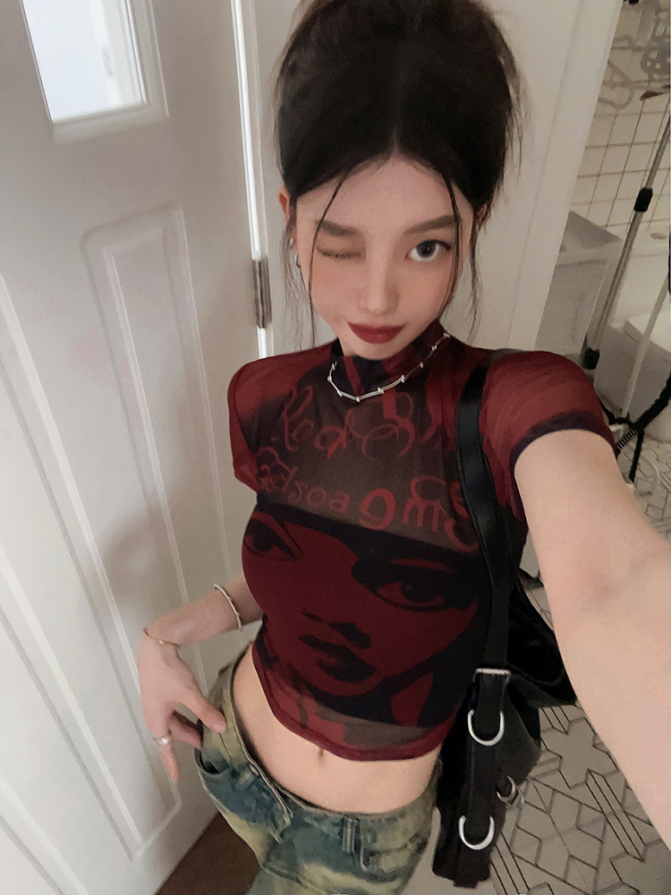 實拍美式辣妹印花T恤女修身紅色百搭上衣2024春夏新款