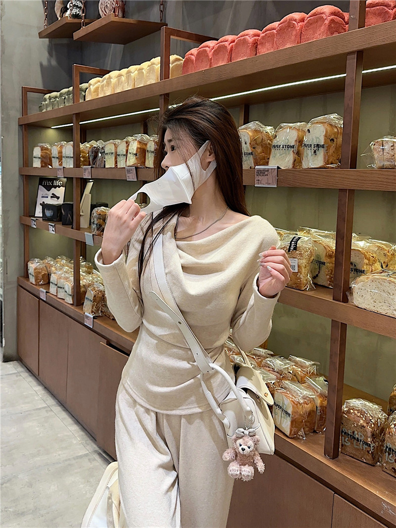 實拍~法式溫柔風休閒長袖上衣高腰闊腿褲兩件套顯瘦休閒套裝