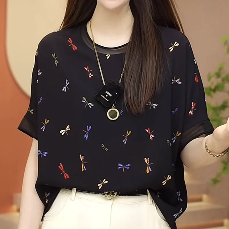夏裝新款真絲雪紡短袖T恤女輕奢氣質外穿小衫媽媽遮肉桑蠶絲上衣