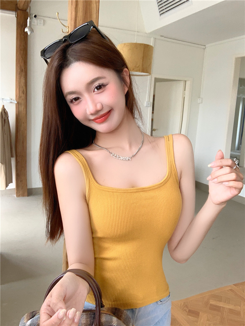 實拍~韓版方領U形一體杯吊帶背心夏季外穿無袖打底衣