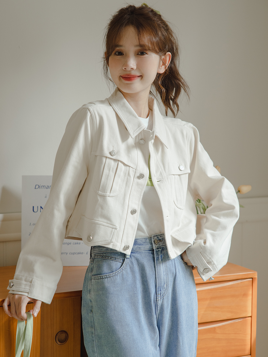 實拍2024春新款氣質顯高白色短款牛仔外套女小個子洋氣百搭上衣