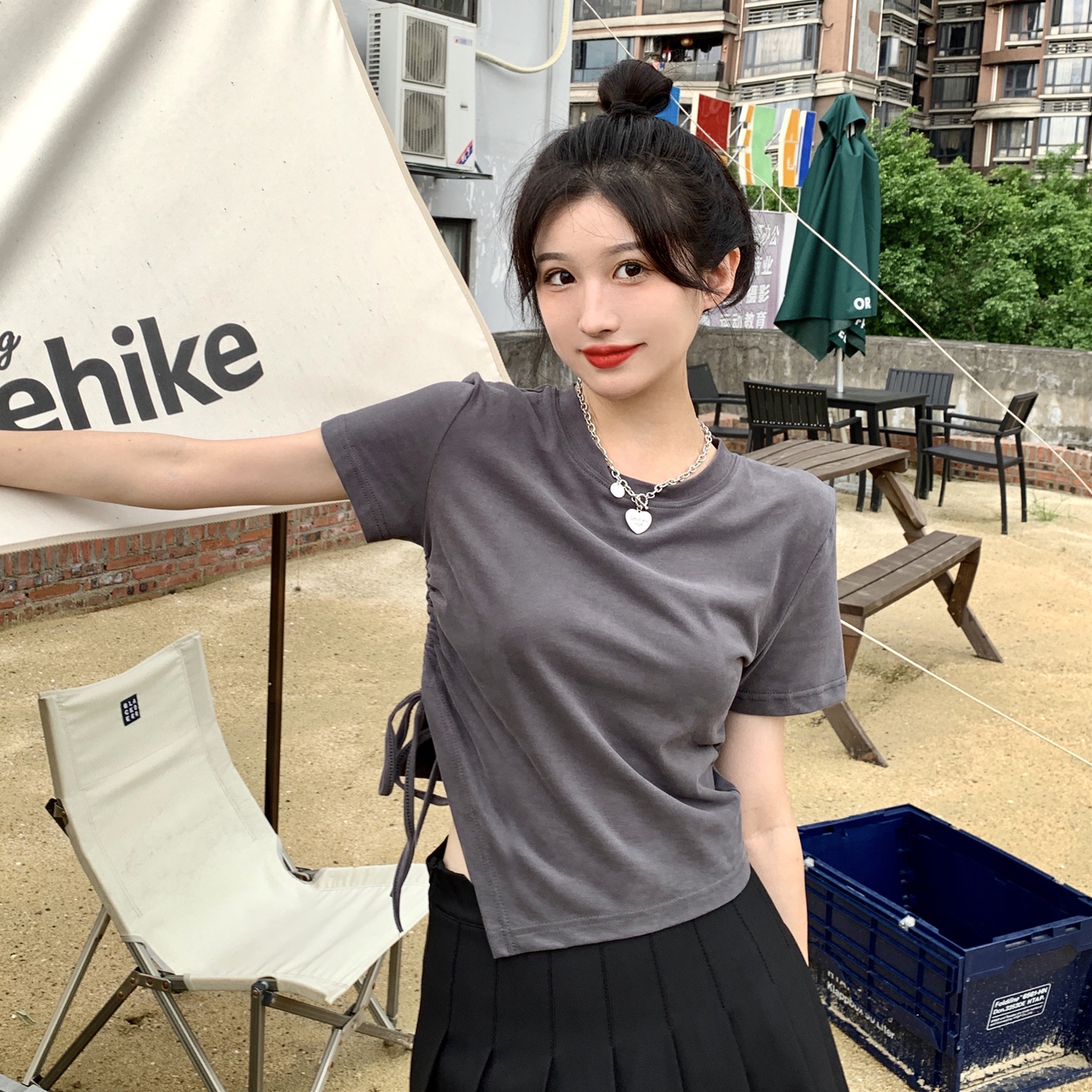 小個子洋氣下擺不規則抽繩短款修身T恤女百搭開叉短袖上衣純色ins