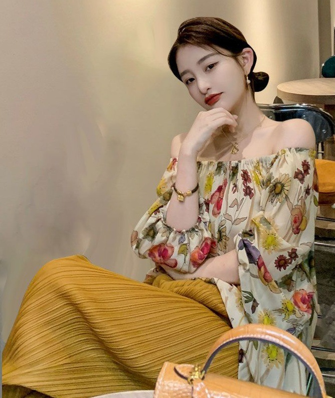 一字肩碎花五分袖襯衫不規則女夏季辣妹新款復古時尚外穿顯瘦港味