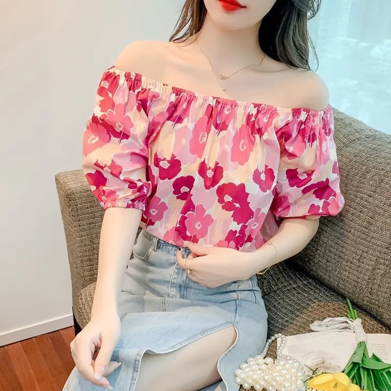 甜美一字領碎花雪紡衫女短袖夏季減齡遮肉顯瘦上衣露肩泡泡袖小衫