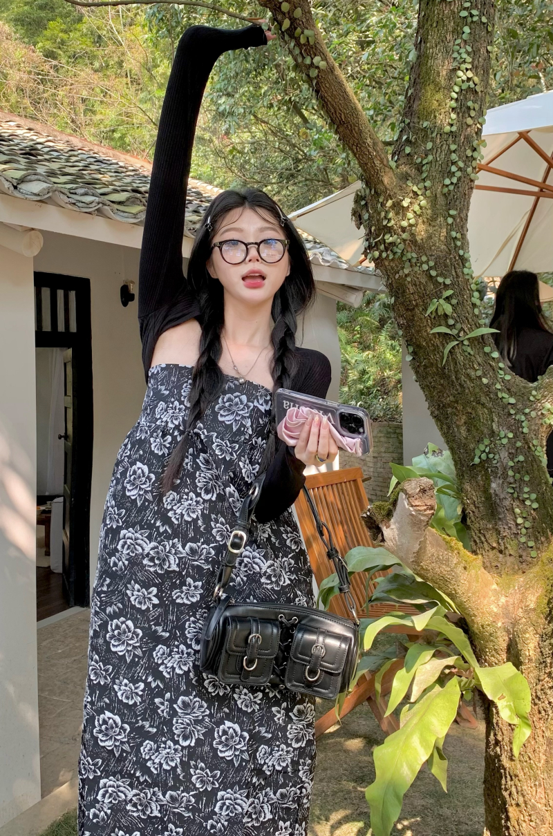 實拍 黑玫瑰抹胸裙法式中長款連衣裙顯瘦高級感設計感小眾女