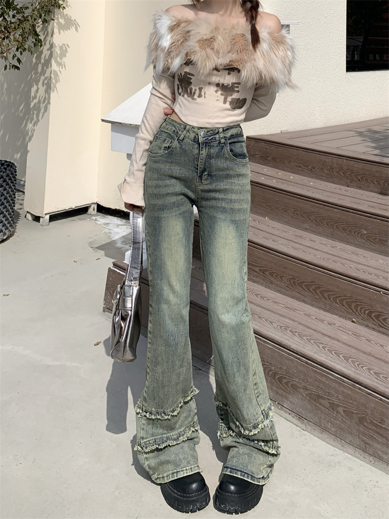 實拍~微喇牛仔褲女高腰設計感新款毛邊褲顯瘦長褲喇叭褲