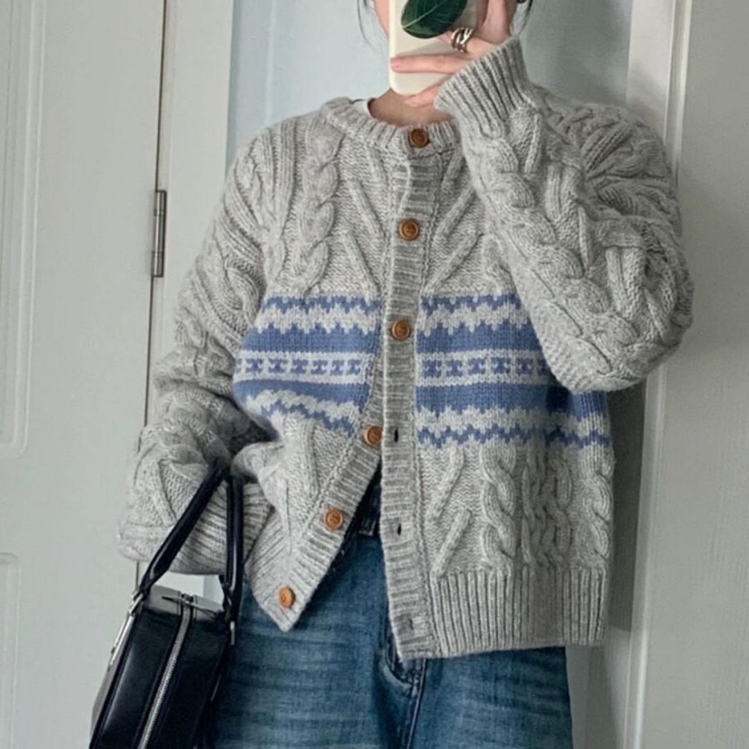 法式復古提花毛衣開衫外套女秋冬加厚寬鬆小個子短款圓領針織上衣