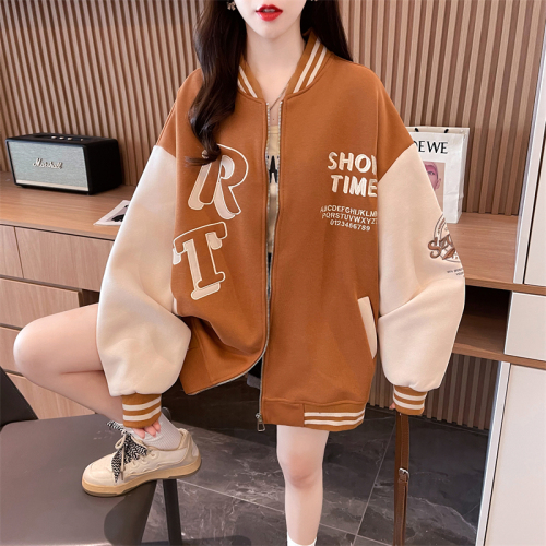 Real shot 2024 spring new Korean style 320g loose stand-up collar embroidered mid-length large size thin jacket for women
