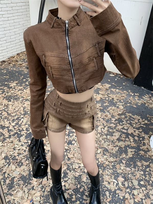 實拍 開衫拉鏈牛仔外套+高腰拼接風琴袋牛仔短褲兩件套裝女
