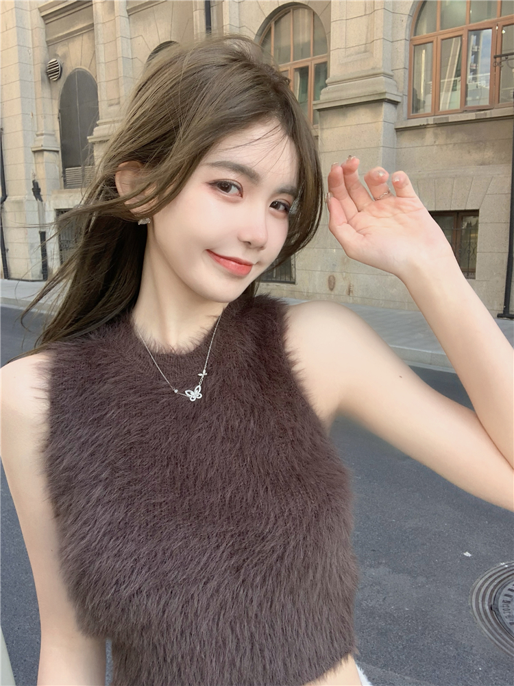 已出貨 毛毛吊帶小背心女仿貂絨毛保暖打底外穿短款辣妹無袖上衣