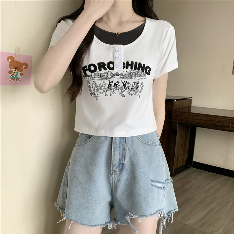 實拍人棉莫代爾夏季新款設計感紐扣假兩件撞色修身短袖T恤女潮