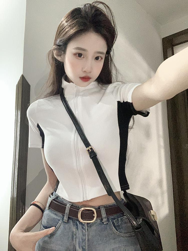 實拍~純欲風正肩修身顯瘦短款春季短袖T恤潮百搭
