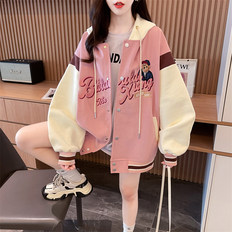 Real shot 2024 spring new Korean style 320g loose hooded embroidered mid-length large size thin jacket for women