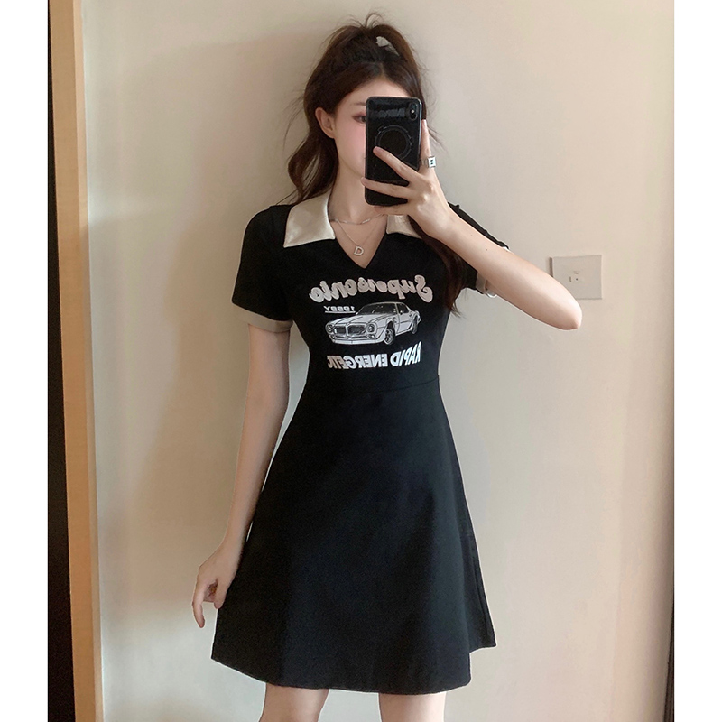 Polo領學院風顯瘦大碼女裝胖MM收腰A字裙甜美中長款連衣裙