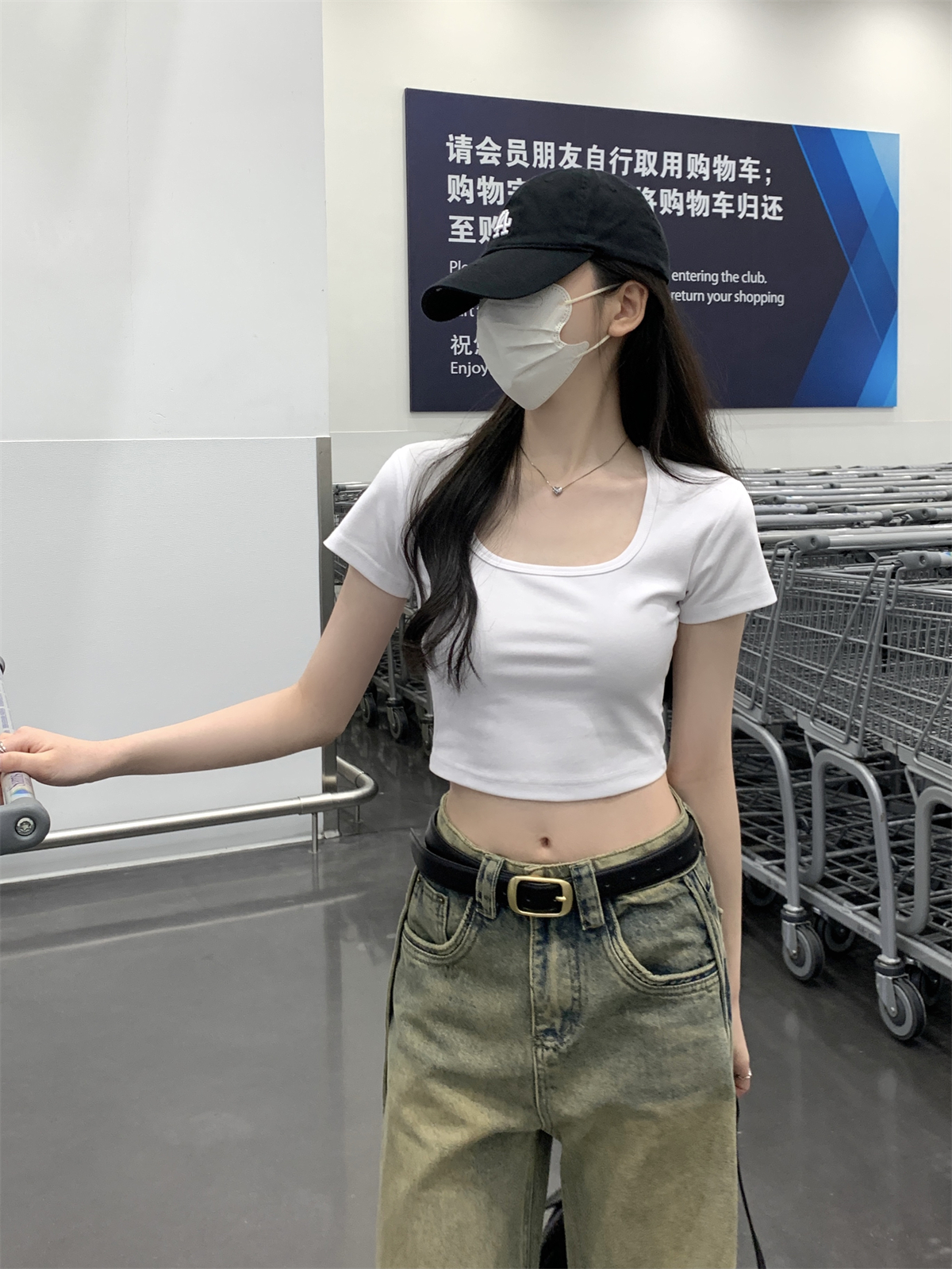 Real shot Spring and summer square neck slim short sweet and spicy navel exposed solid color basic versatile pure cotton short-sleeved top T-shirt