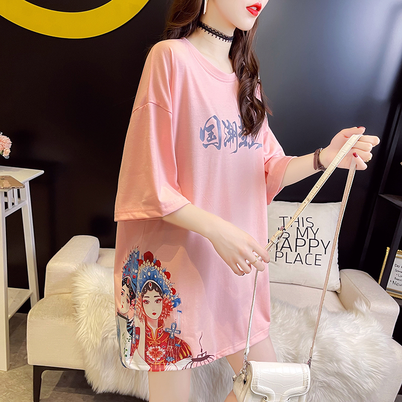 實拍6535棉2024夏季新款設計感京劇印花圓領短袖T恤女